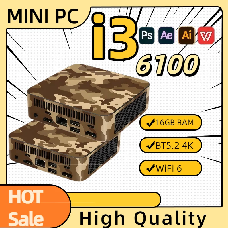 Mini PC Camouflage Colors 2026 New Core i3 6100 Mini Computer 16GB RAM 1TB 2TB SSD WiFi6 BT5.2 4K HD Gaming Office Study Desktop