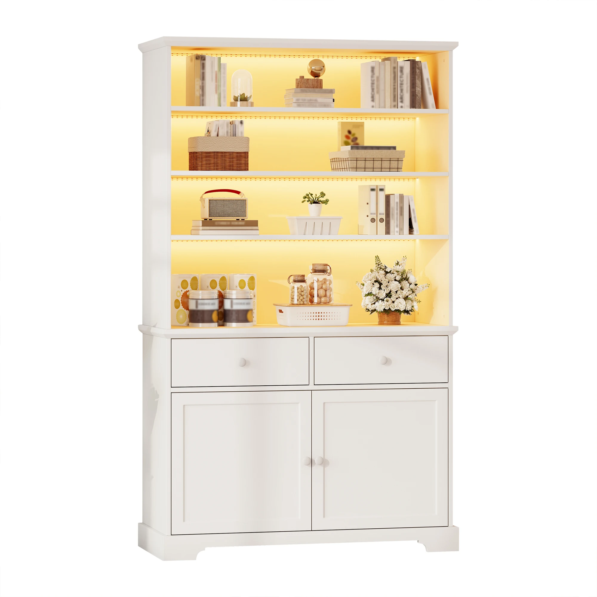 Vitrine d'exposition 100x38x170cm, vitrine en verre avec 2 portes LED, bibliothèque à 2 tiroirs, blanc