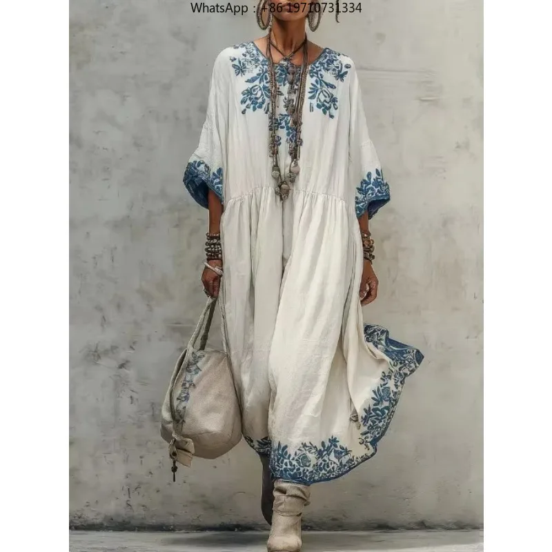 Women Ethnic Retro Floral Print Maxi Dress O Neck Half Sleeve High Waist Loose Bohemian Summer Casual Party Long Dress