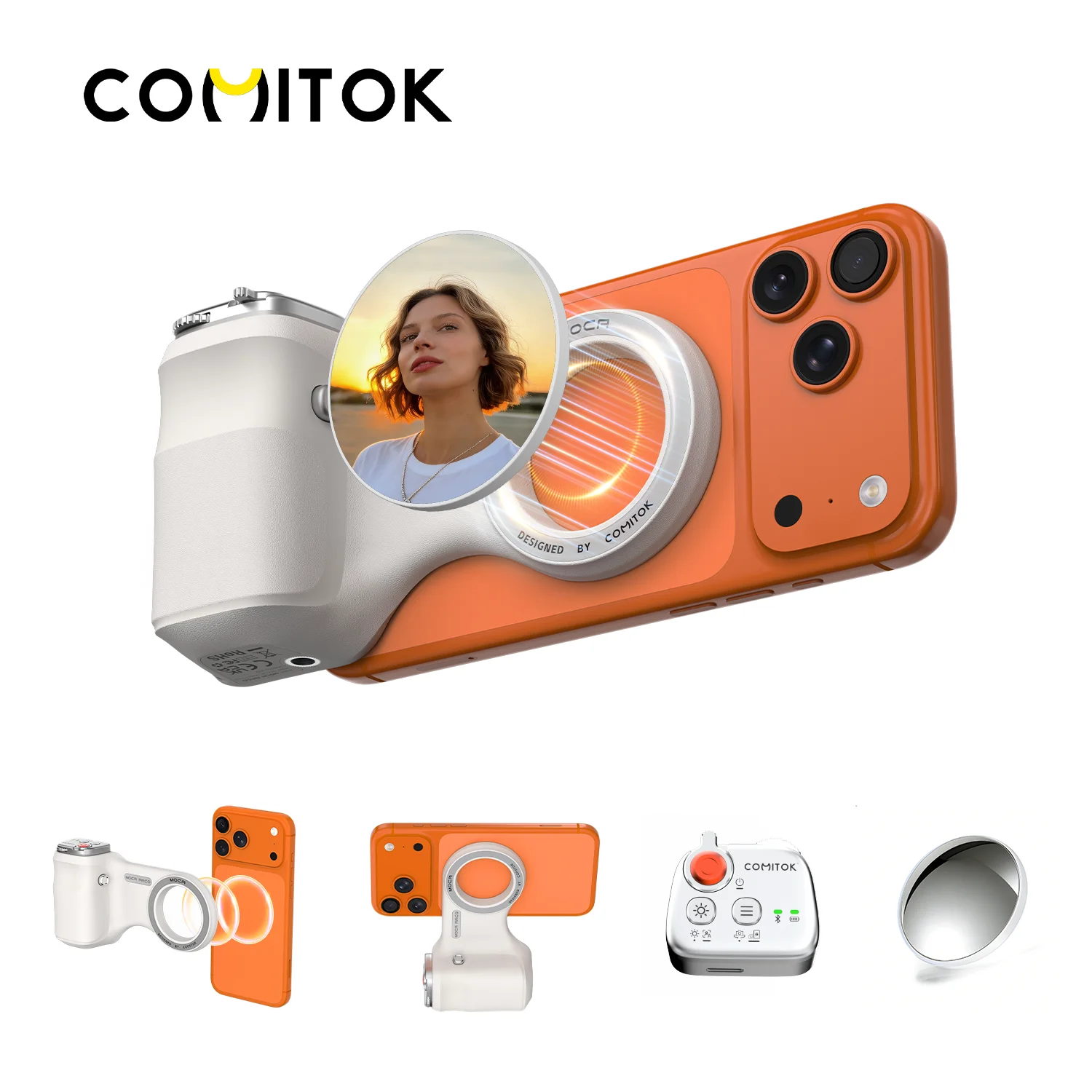 COMITOK MOCA ARCO iPhone Camera Grip with Mirror Series Removable Bluetooth Remote Control Ergonomic Thumb Rest Area Magsafe Compatible with IOS17/18/26 Fun Shot Magnetic Grip for Phone Compact for Travel Photography Vlogging