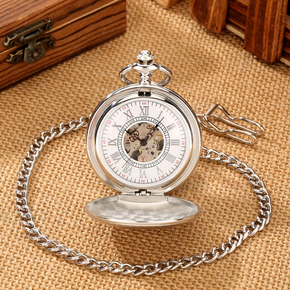 Roman Numeral Dial Silver Mechanical Pocket Watch Hand Winding Movement Antique Fashion Pendant Pocket Clock with Chain Gift Men