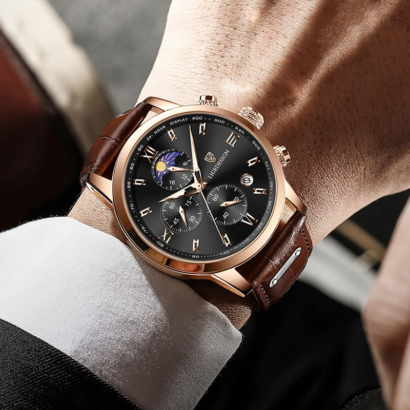 LIGE New Casual Men Watch Luxury Leather Waterproof Sport Quartz Wristwatch Chronograph Military Watch for Men Relogio Masculino image 5