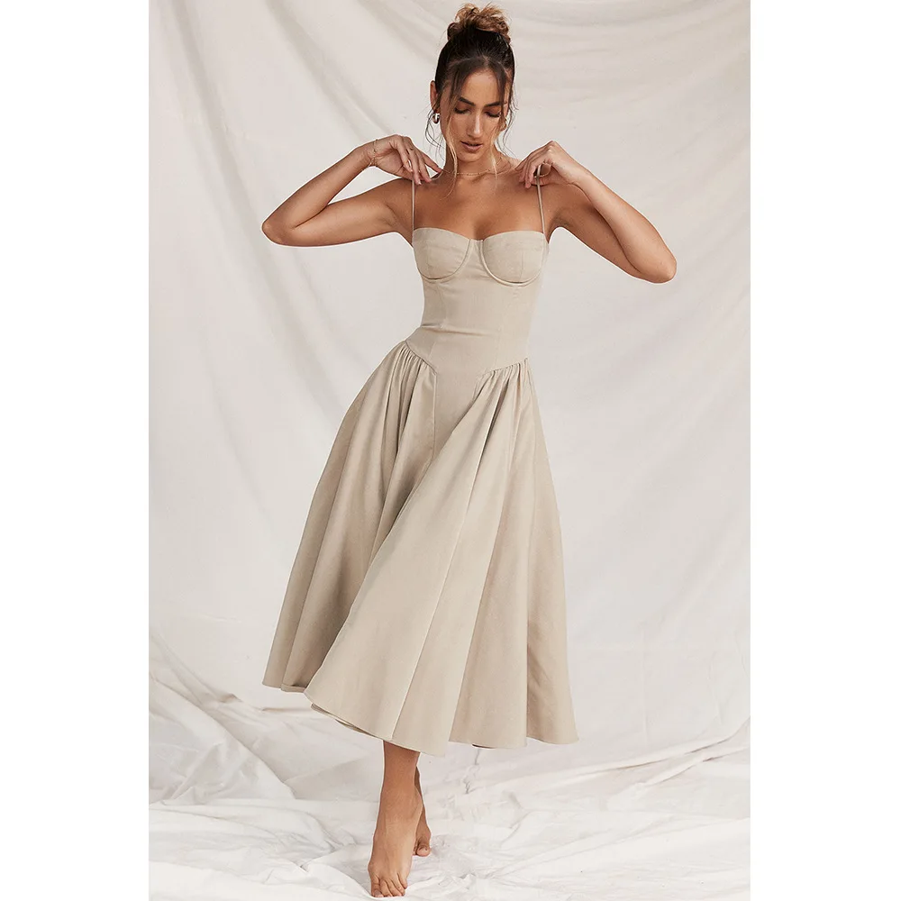 Sommer Frauen elegante ärmellose rücken freie Falten kleider Dame sexy feste Schlinge Midi-Kleid 2024 weibliche Party Abend A-Linie Roben – Detail 6