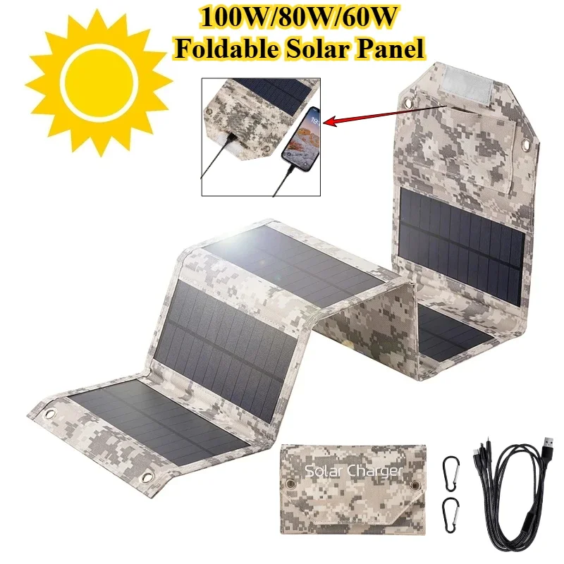 100W/80W/60W Foldable Solar Panel USB 5V Solar Charger Portable Solar Cell Outdoor Phone Power Bank for Camping Hiking + Cable