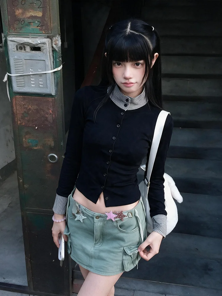 Tonngirls Y2k Japanisches Rollkragen-T-Shirt für Damen, Langarm, Slim Fit, Patchwork, Zweiteiler-Optik, Streetwear, Amerikanisches Retro-T-Shirt – Detail 7