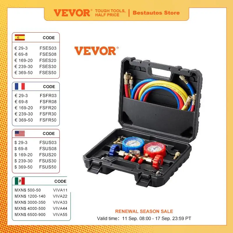 VEVOR AC Gauge Set 3 Way AC Manifold Gauge Set for R134A, R22, R12, R502 Refrigerant Works on Car Freon Charging and Evacuation