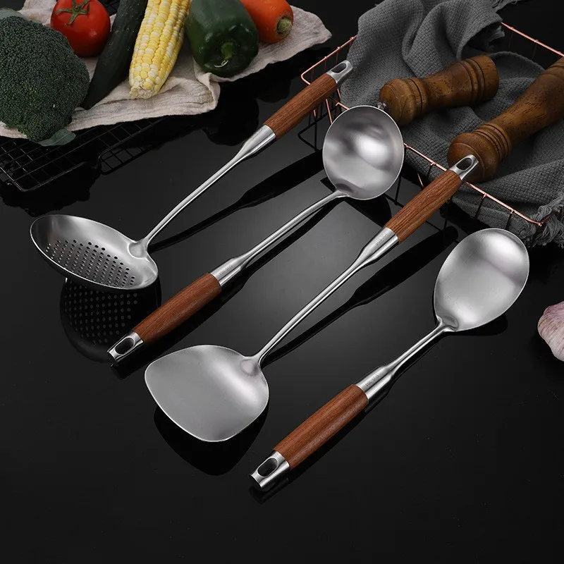 304 Stainless Steel Rosewood Soup Spoon, Rice Noodle Colander, Cooking Pot, Ladel Full Set