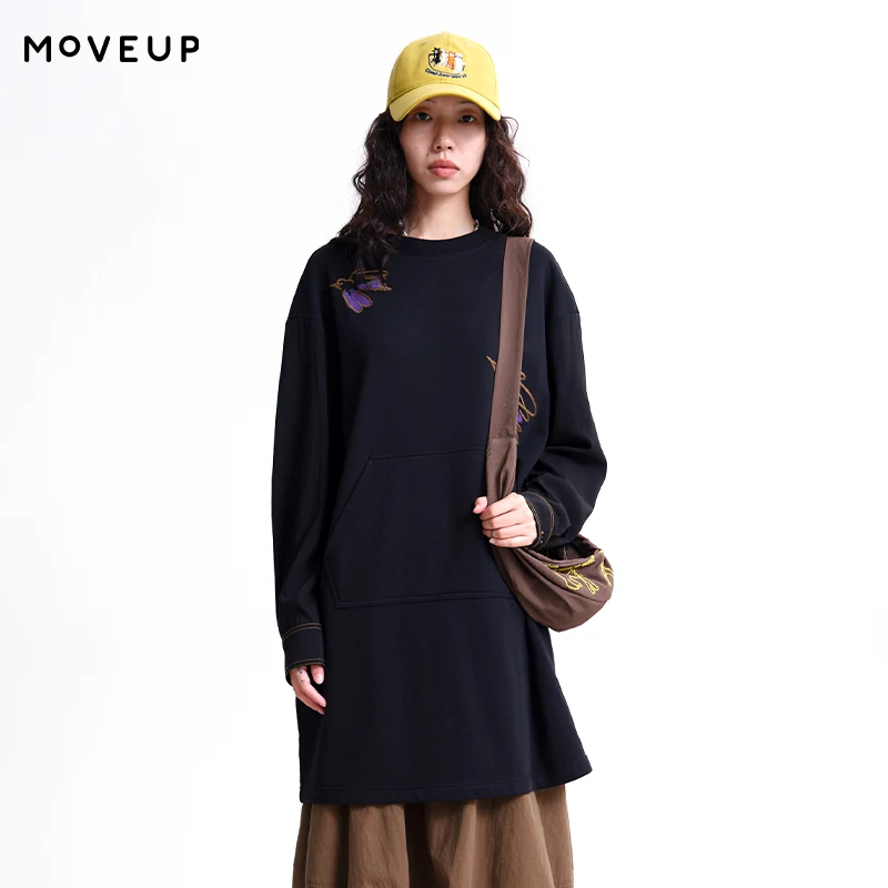 MOVEUP Women's Mid Length Sweatshirt Spring Bird Embroidery Large Patch Pocket Sweatshirts O-Neck Oversized Sweatshirt 3ELC11407