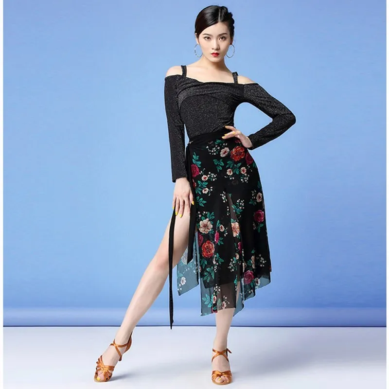 ห้องบอลรูมเต้นรําละตินกระโปรง Tango Slasa Wrap เข็มขัด Dancer Practice Performance ผ้าพันคอสะโพกพิมพ์ลายดอกไม้สีสันสดใสกระโปรงตาข่ายเซ็กซี่