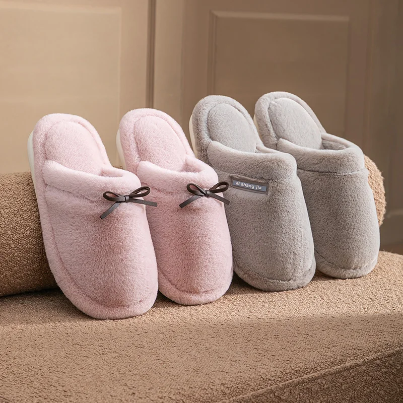 شباشب قطنية على شكل فيونكة للنساء، ملابس خارجية جديدة للخريف/الشتاء بنعال سميكة، شباشب منفوشة حرارية للزوجين في الأماكن المغلقة #6