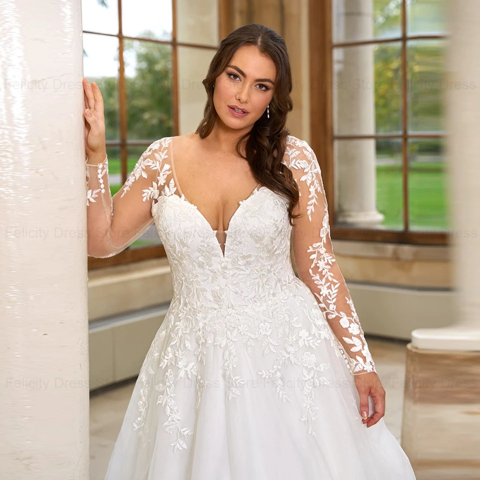 ANGEL Pastrol Plus Size Wedding Dresses 2025 Customized Lace Up Bride Gowns  Lace Applique A-Line Tulle V-Neck vestido de noiva