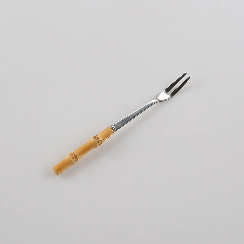 Novelty Two Teeth  Stainless Steel Long Handmade Natural Bamboo Root Wood Handle Cake Dessert Small Fruit Fork