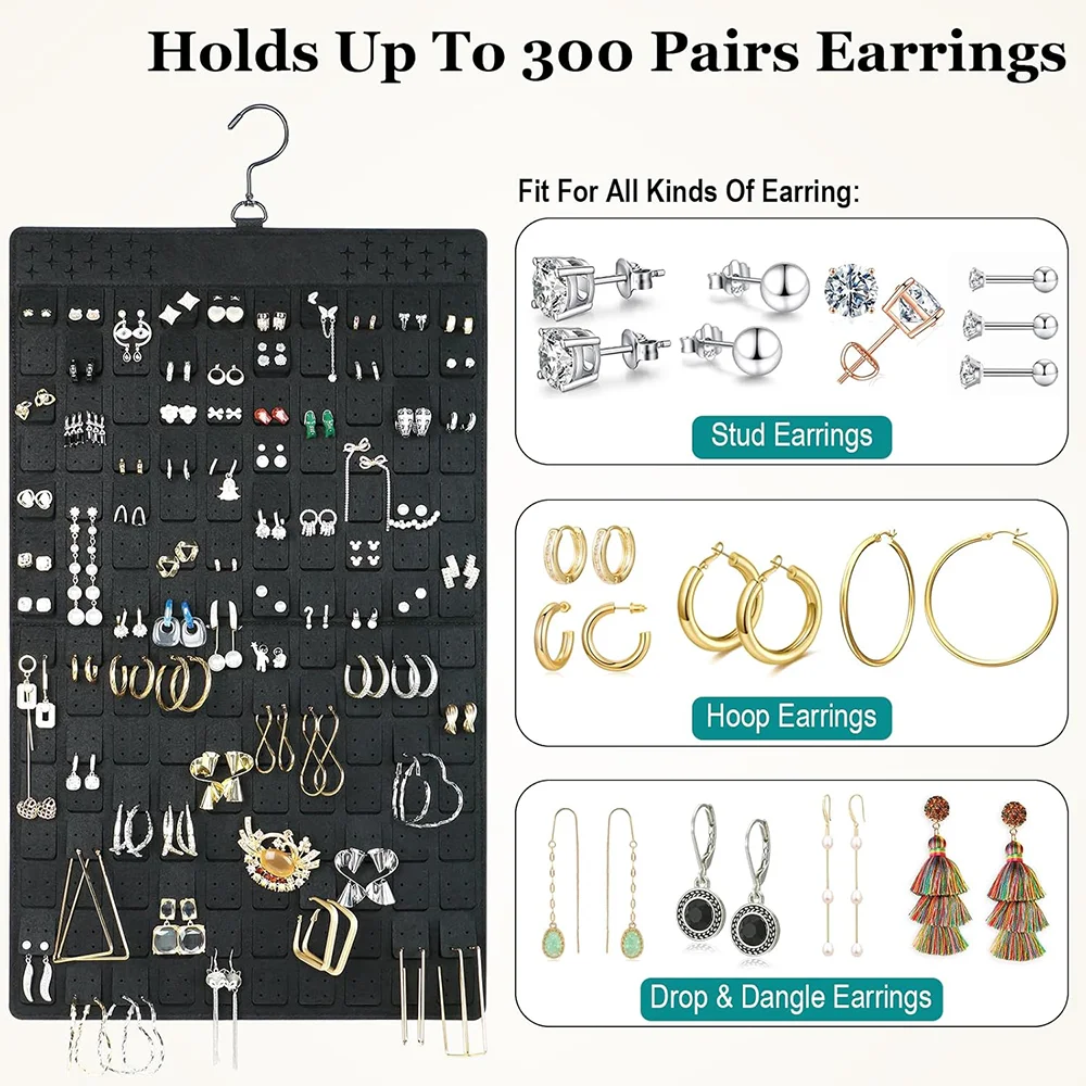 منظم حامل المجوهرات، منظم المجوهرات المعلق، منظم القرط على الوجهين لعرض 300 زوج من الأقراط والقلائد