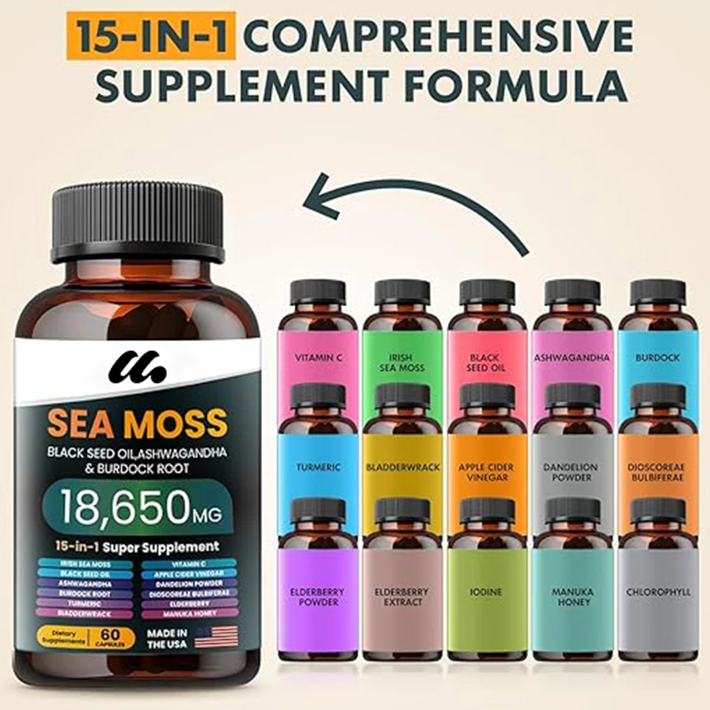 Sea moss supplement, 15 in 1 mixed with various minerals Sea moss black seed oil South African drunken eggplant ginger