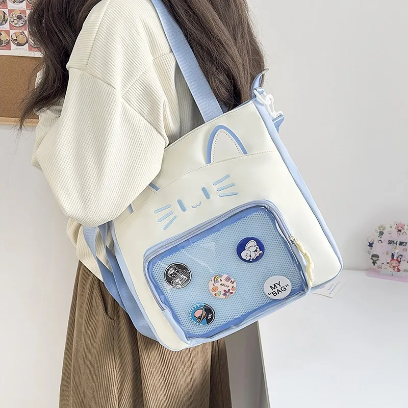 

Large capacity bar pain bag cute cat transparent bag college style high value shoulder bag messenger bag soft girl tote bag