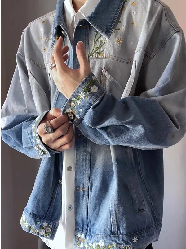 

TANGZ STUDIO American Waed adient Floral Embroidery Jeans Jaet Loose Vintage Sle for Men And Women Trendy Brand