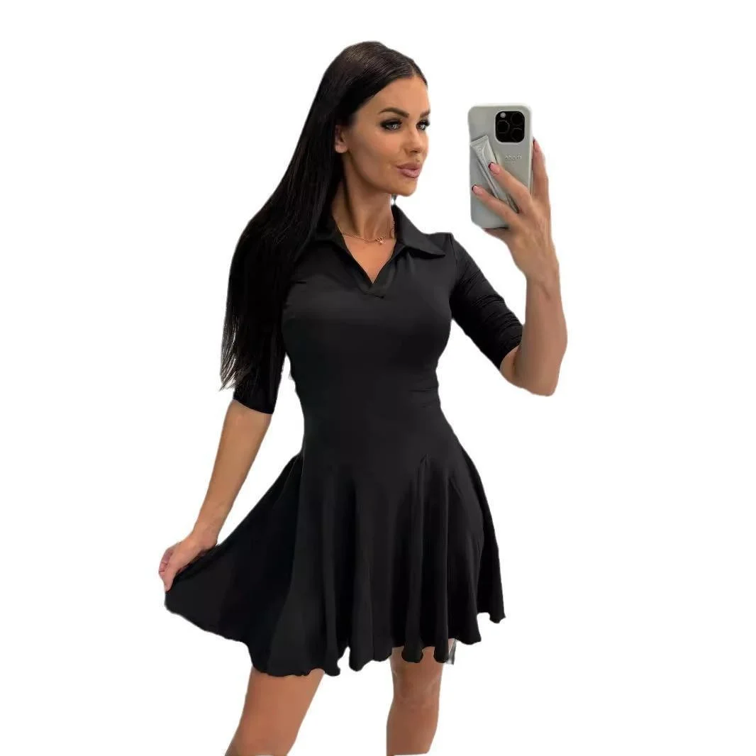 Faionable Pure Color Belted ort Skirt Long Sve Turn-down Collar Dr Women's Ele Polyester Busin Dr