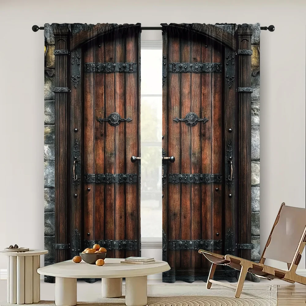 2pc, Window Curtains Vintage iron wooden door print Fabric,Without Electricity Festive Backdrops Perfect for Room_bedroom_Window