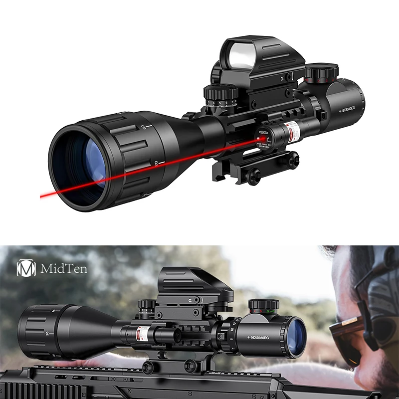 

MidTen 4-16x50 AO Tactical Rifle Scope Optics 4 Holographic Reticle Red Dot Sight Red Laser Light Combo for 20mm Picatinny Rail