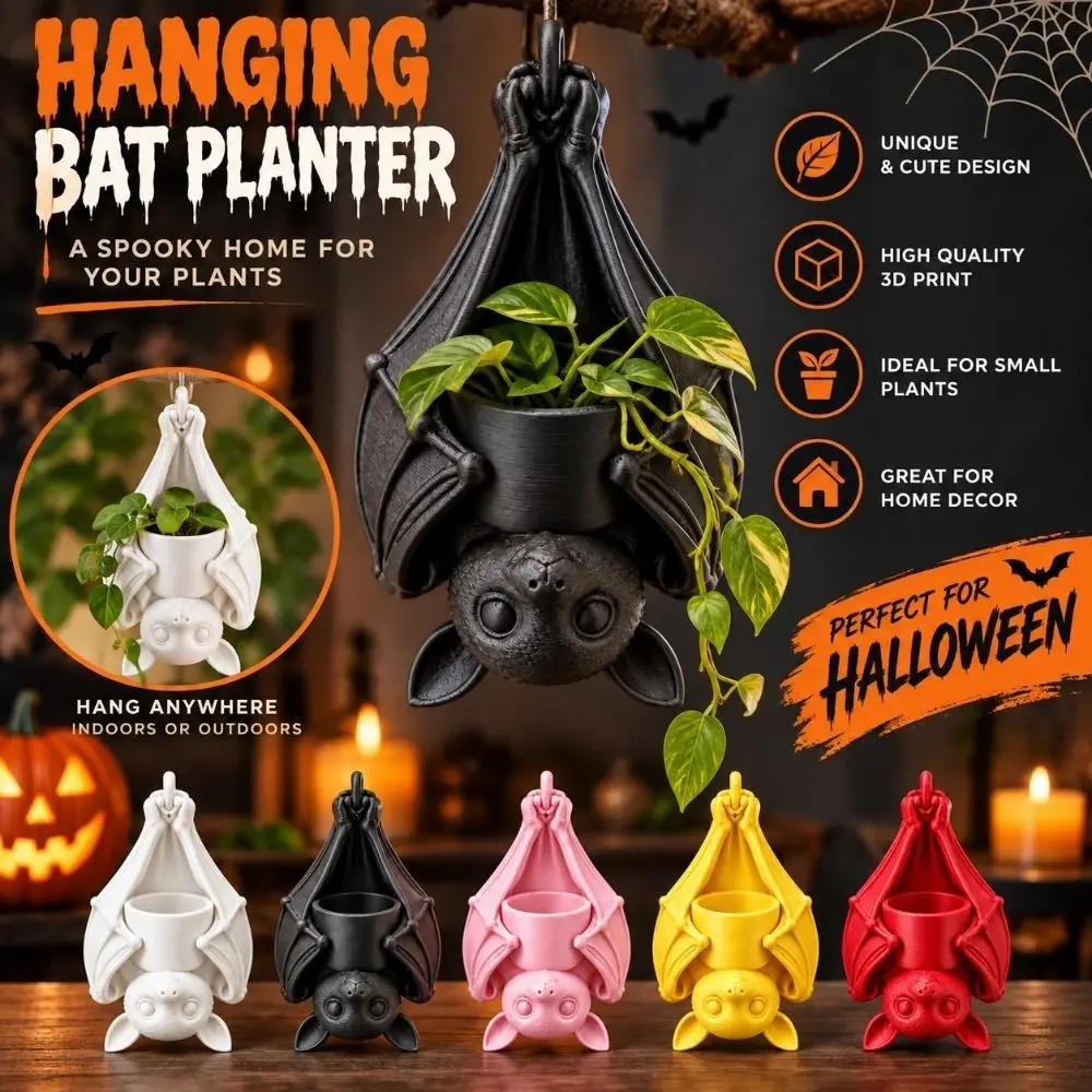 3D Printed Upside Down Bat Hanging Planter Gothic Style Whimsical Hanging Bat Plant Pot Realistic Plastic Bat Garden Ornament