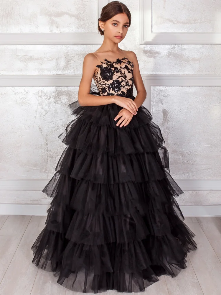 Black Flower Girl Dresses Tulle Appliques Tiered Sleeveless For Wedding Birthday Party Banquet Princess Gowns