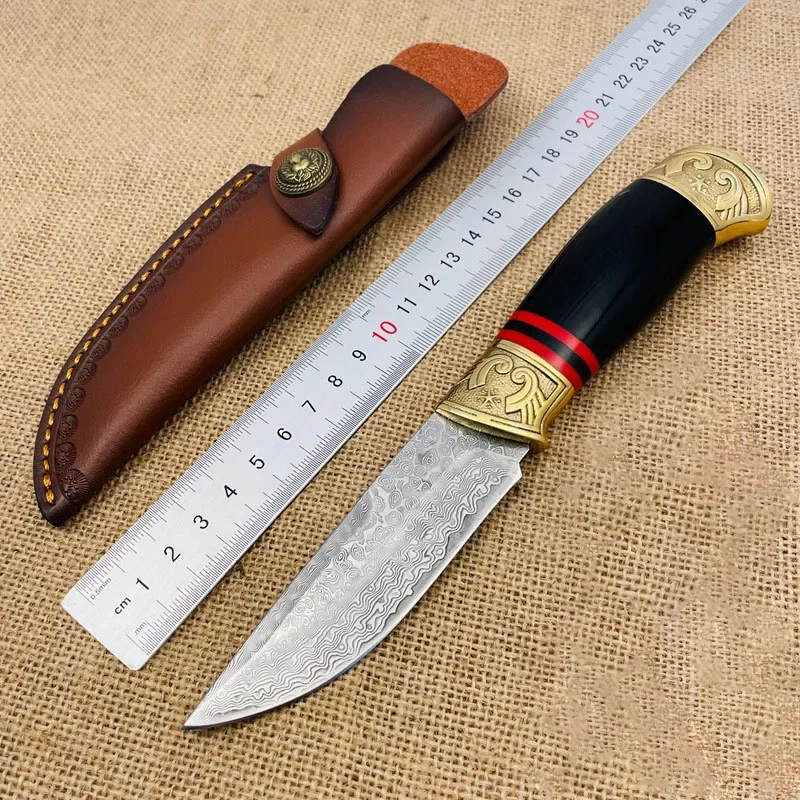 Damascus Steel 60HRC Hunting Knife Survival Outdoor Camping Portable Fixed Knife Tactical Military Hand Tools With Leather Case