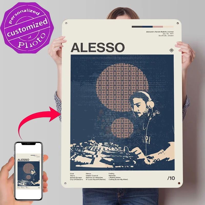 Póster Alesso Retro, Letreros Metálicos Impresos en 3D, Decoración de Pared Personalizada, Regalo para Decoración de Interiores, Adornos para Sala de Estar, Arte para el Hogar