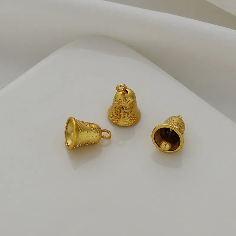 18K Gold Plated Matte Gold Dragon Pattern Mini Bell Pendant Tassel Charm For DIY Bracelet Necklace Handmade Jewelry Findings