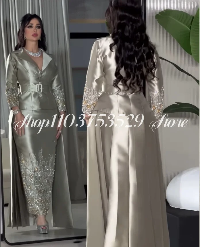

Champagne Women's Two Piece Evening Dresses Luxury Diamante Appliques Long Sleeve Arab Party Dresses Customized vestidos elegant