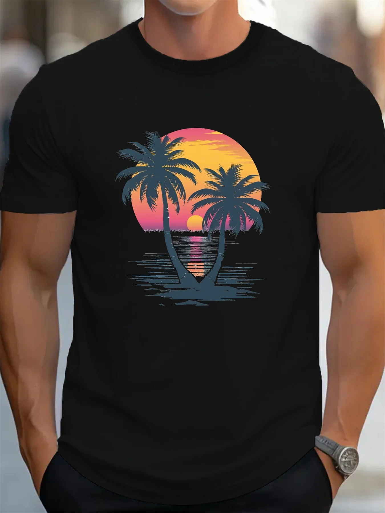 Men's 100% Cotton Printed Sunset and Coconut Tree Pattern Stylish Casual Comfortable Loose Fit T-Shirt