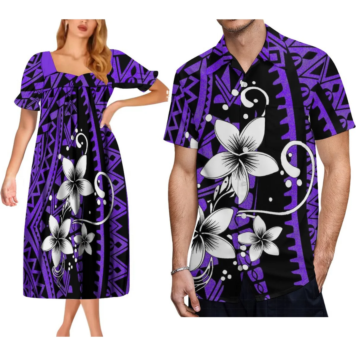 New Women'S Puffy Sleeve Dress Polynesian Tribe Couple Set Women'S Short Sleeve Dress With Men'S Shirt Free Shipping