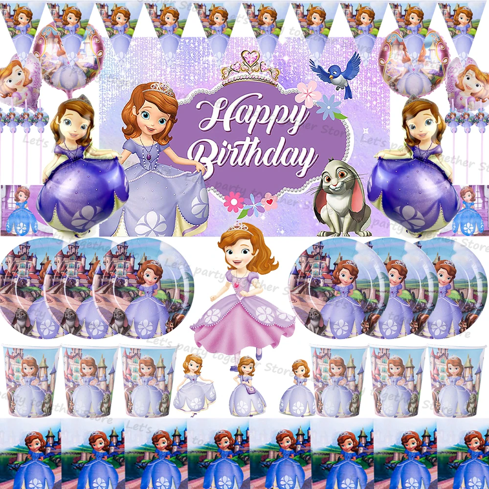 

Cartoon Princess Sophia Birthday Party Decoration Paper Tableware Cup Plate Tablecloth Foil Balloon Girl DIY Gift Party Supplies