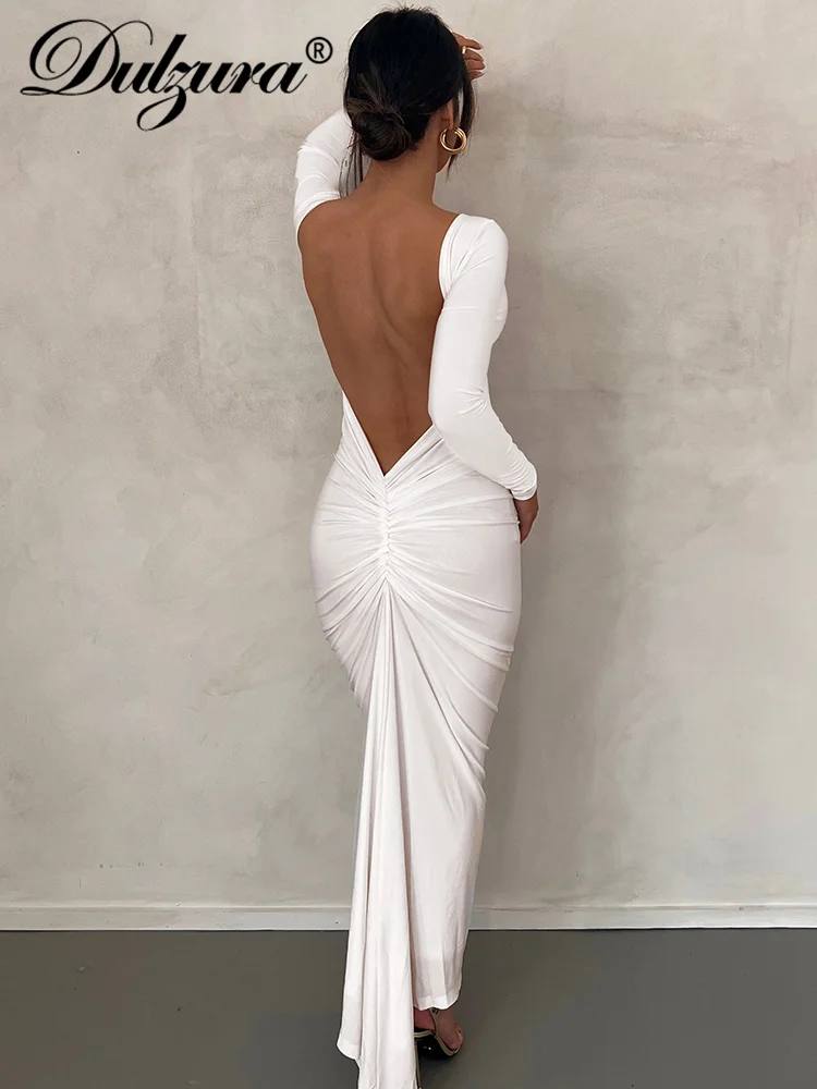 Jesienna marszczona odzież Y2K z długim rękawem bez pleców sukienki Midi typu Bodycon z okrągłym dekoltem dla kobiet 2024 klubowa impreza urodzinowa elegancka