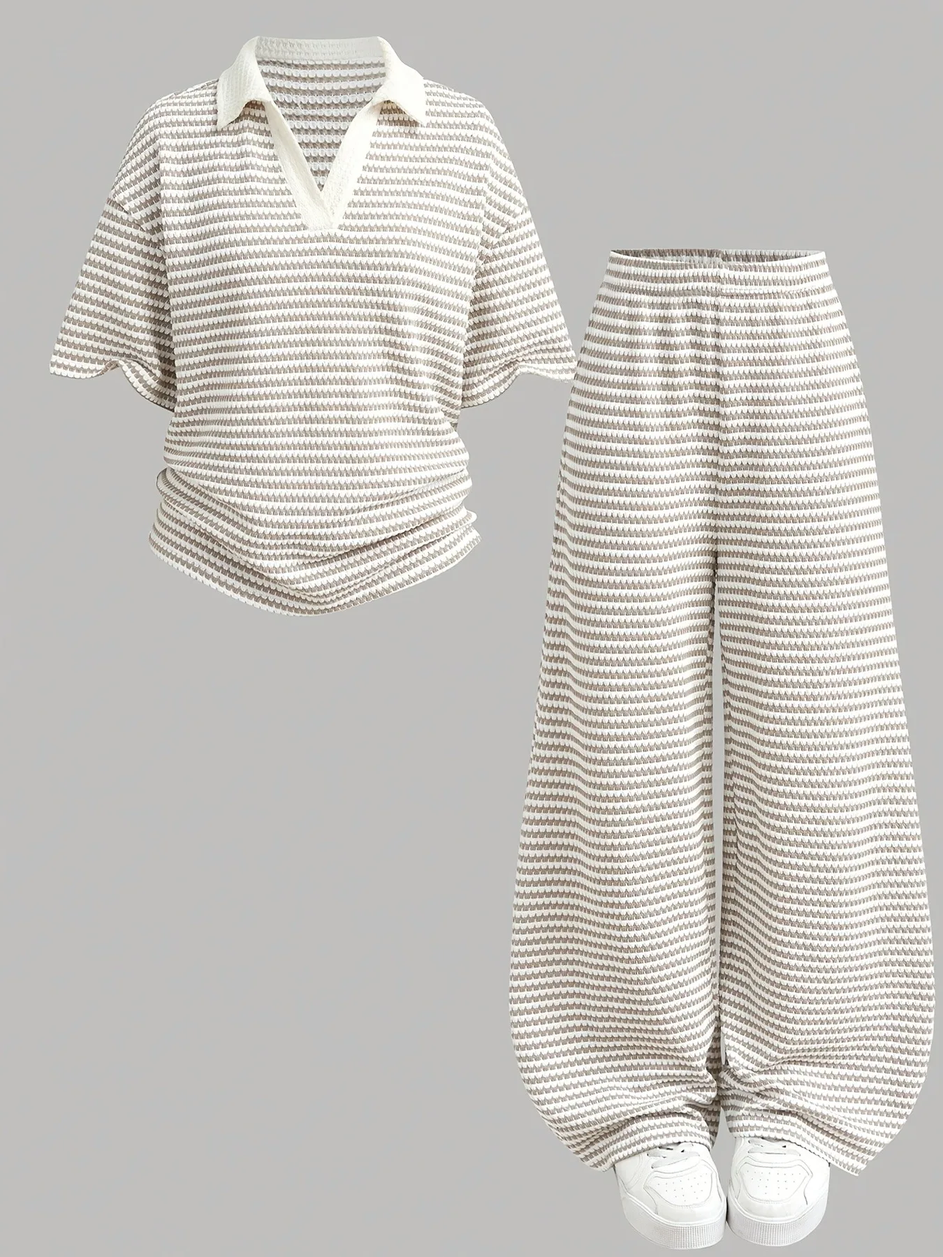 Girls 2 Piece Old Money Casual Set Textured Stripe Polo Collar Top High Waist Wide Leg Pants, Oatmeal Relaxed Fit Loungewear