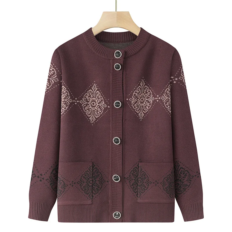 Fdfklak Long Sleeve Cardigan Women  Elderly Embroidery Fashion Autumn Winter Casual Sweater Chic Loose Pockets Cardigan Big Size