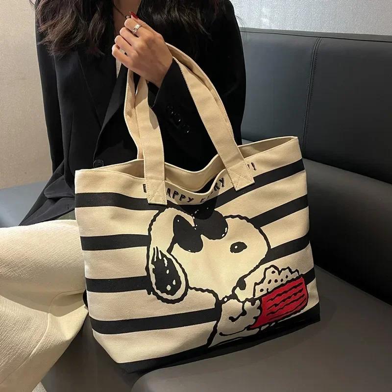 Meisje Mode Streep Canvas Schoudertas Vrouwen Grote Capaciteit 2023 Nieuwe Cartoon Snoopy Draagtas Handtas Boodschappentas 46x38x18 Cm