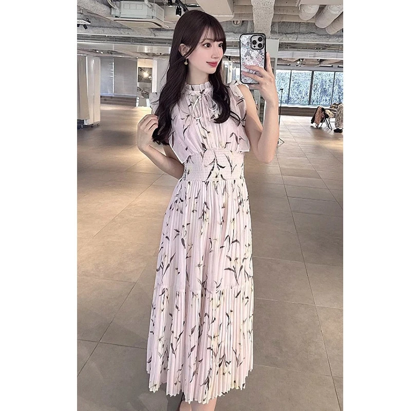 

Cute Stand Collar High Waist Print Mujer Flying Sleeve Lace Up Pleated Ruched Dress Japan Slim Waist Elegant Femme Robe
