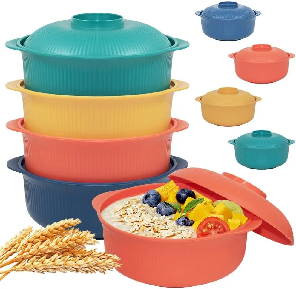 

4pcs Unbreakable Cereal Bowls with Lids, Microwave & Dishwasher Safe Plastic Striped Bowls for Family, Kids, Camping, 40oz