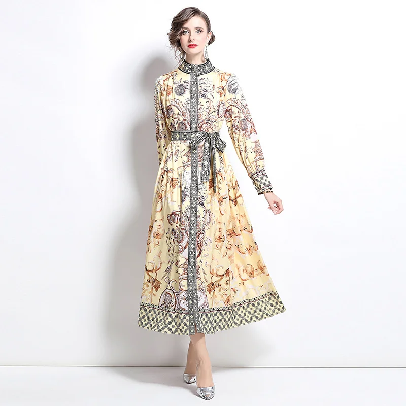 Runway 2025 Spring Full Sleeve Floral Maxi Dress Shirt For Women\'s Single Breasted Palace Design Golden Print Long Dresses Party