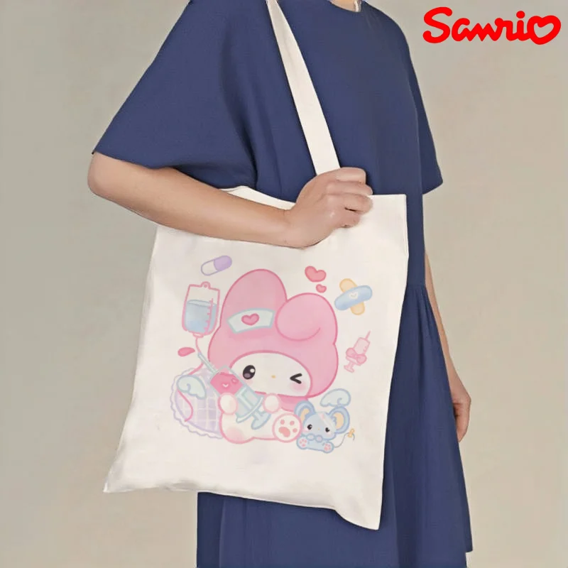 1 bolsa de mano de lona con estampado de Nurse My Melody, bolso de hombro con estampado de doble cara, bolso reutilizable