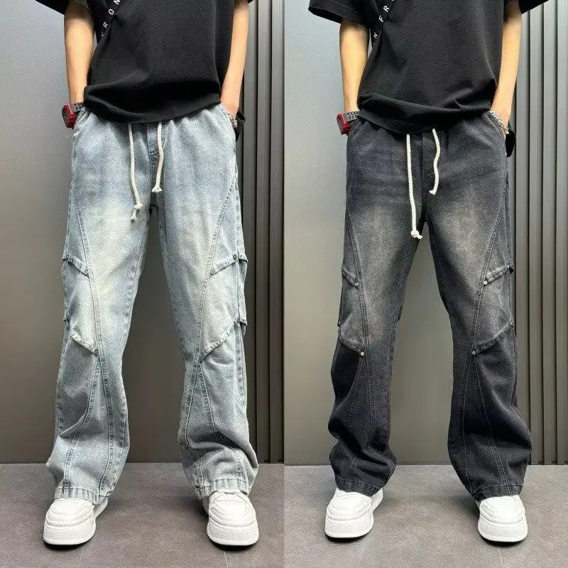 

Мужские повседневные джинсы свободного кроя, осенне-зимние, из смесового полиэстера и хлопка, с эластичным поясом, рабочие брюки, большие размеры, мешковатые, с отворотами