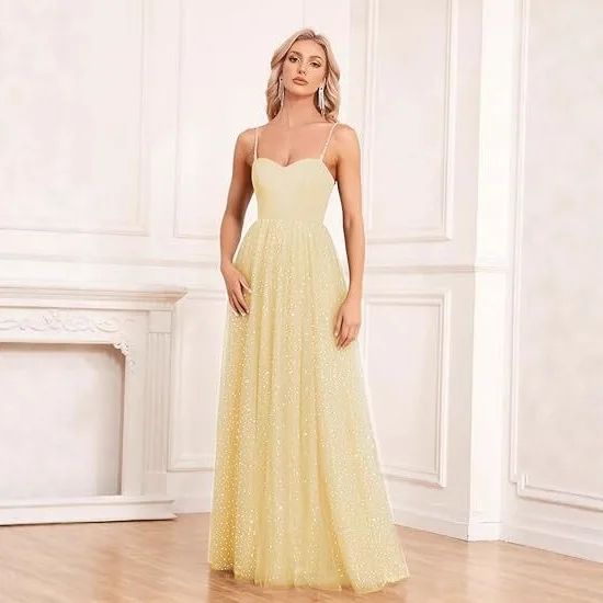 

Glitter Tulle Ladies Prom Evening Dress Spaghetti Strap A Line Sparkly Floor-Length Formal Party Gown Formal Dress Women Elegant