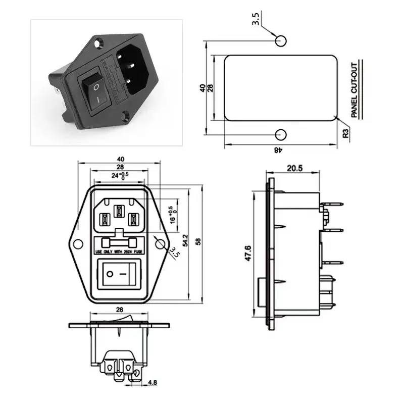 15A 10A/250V 3pin AC power socket with Power Rocker Switch Fused