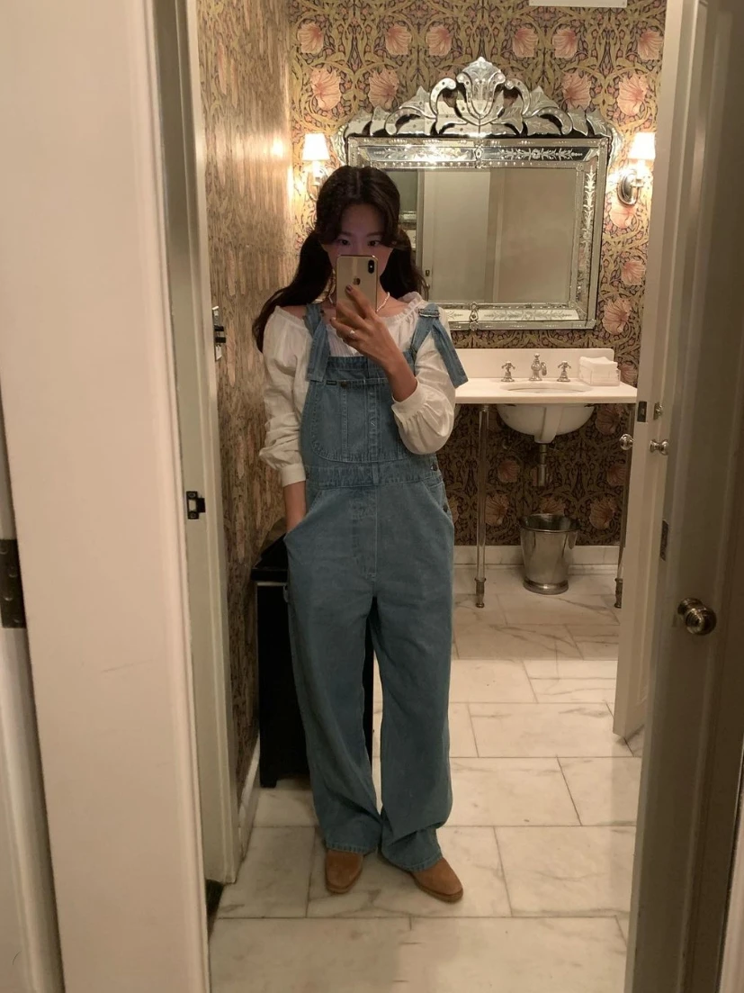 

Джинсовый комбинезон Ins Sle для женщин TheBarnn Dongdaemun, хлопковый, весна-осень, с завышенной талией, прямые штанины, без стрейча, светлый цвет