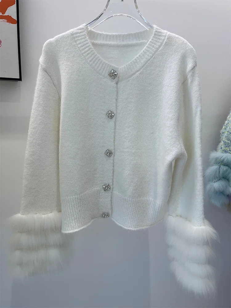 2025 신상 여성 가을 리얼 퍼 봄 풀오버 코트 리얼 폭스 퍼 숏 니트 스웨터 코트 여성 럭셔리 자켓