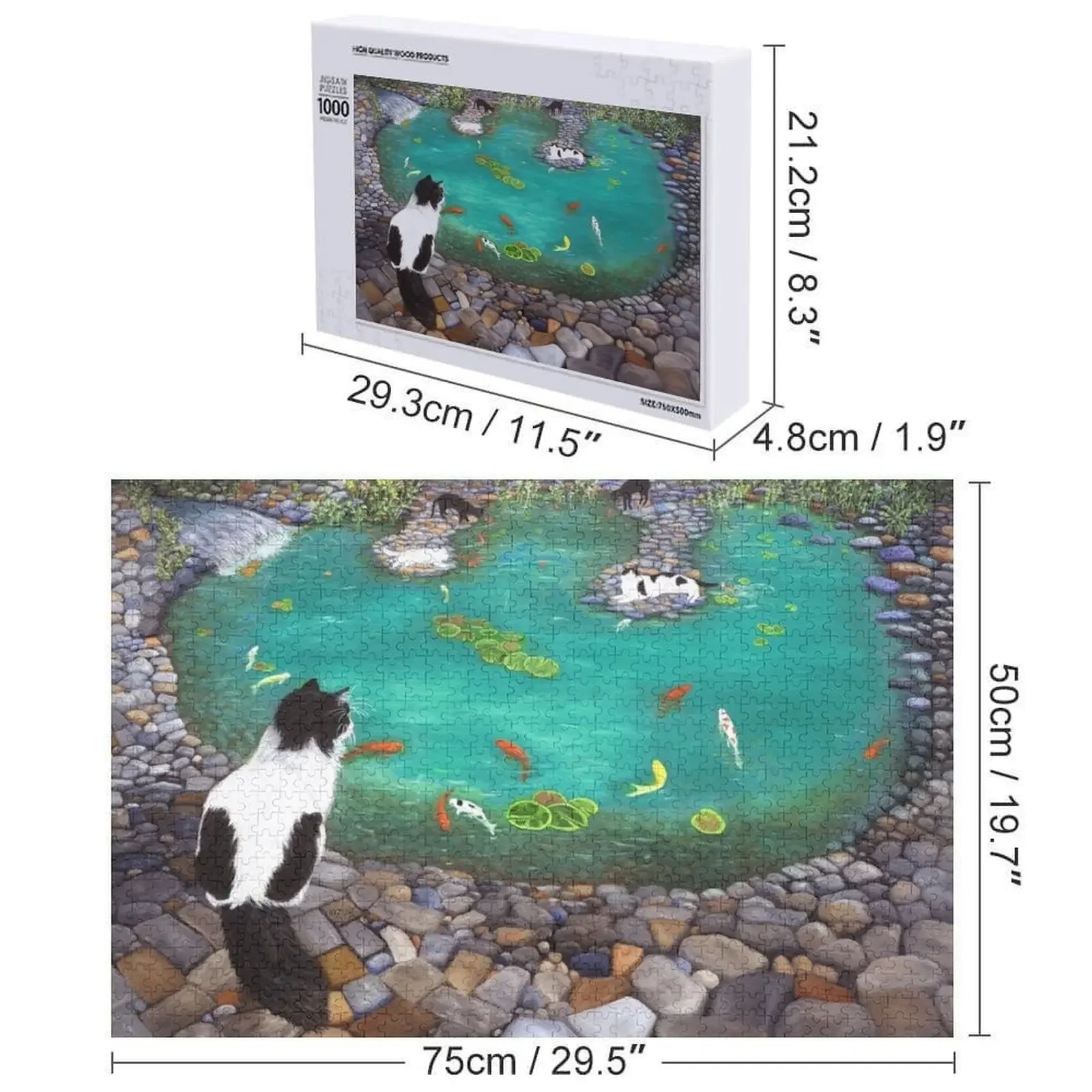 Kot smokingowy obserwujący rodzinę przy stawie z karpiami koi. Puzzle z imieniem dziecka, personalizowane, zabawka dla dziecka, puzzle z własnym imieniem.