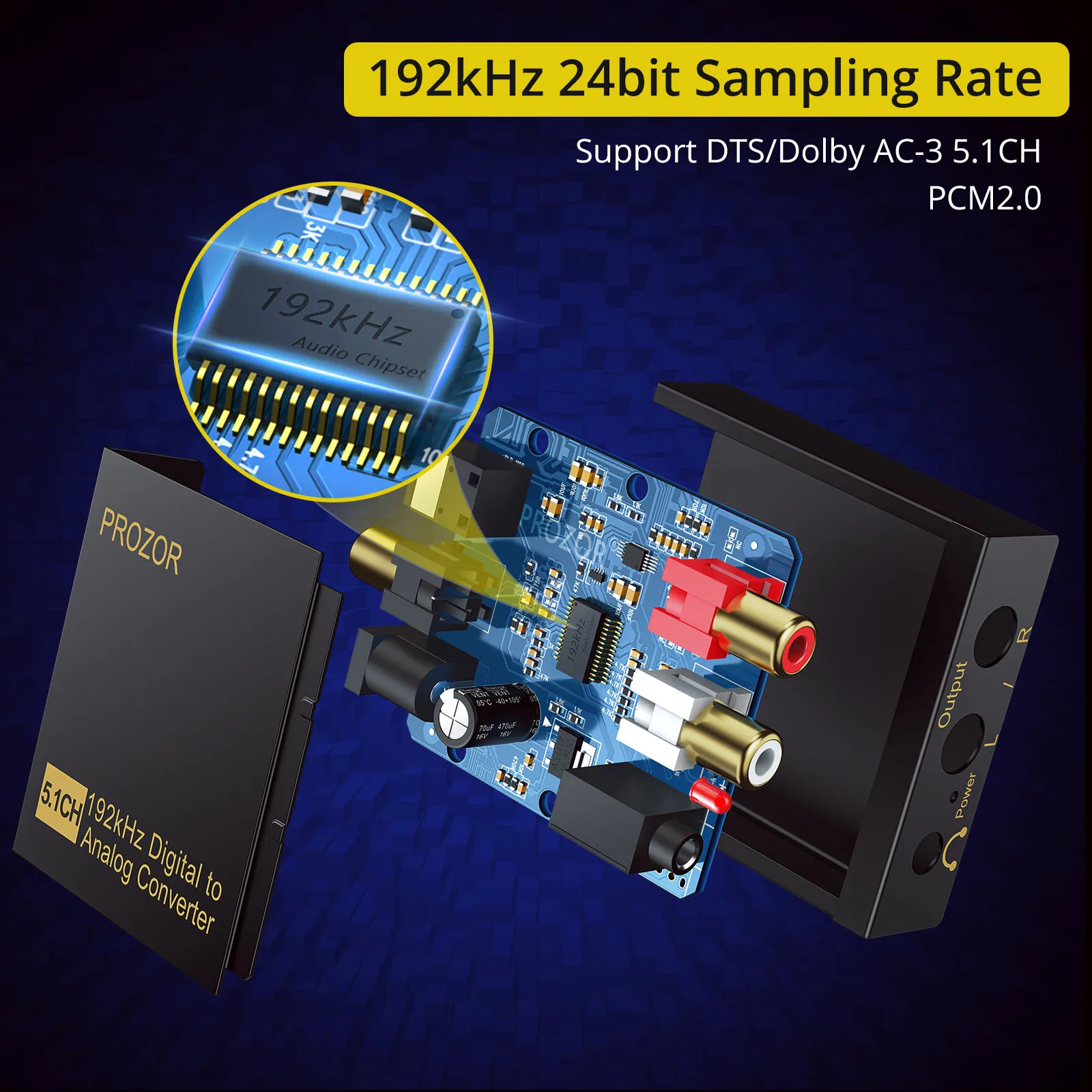 PROZOR-Convertidor de Audio DAC 192kHz Digital a analógico, adaptador de Audio Coaxial SPDIF Toslink a estéreo analógico, RCA, Jack de 3,5mm