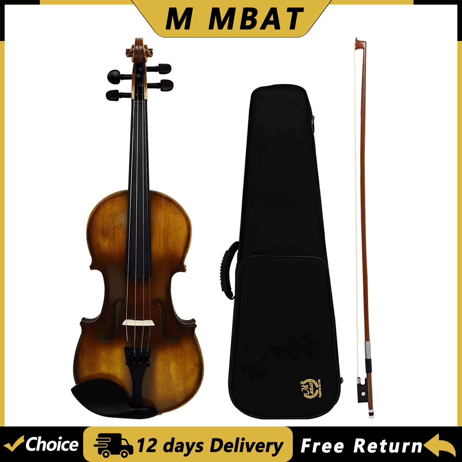 M MBAT AV-208 4/4 3/4 Violin Solid Wood Violin Fiddle with Case Bow Professional Stringed Instrument for Beginners Gifts