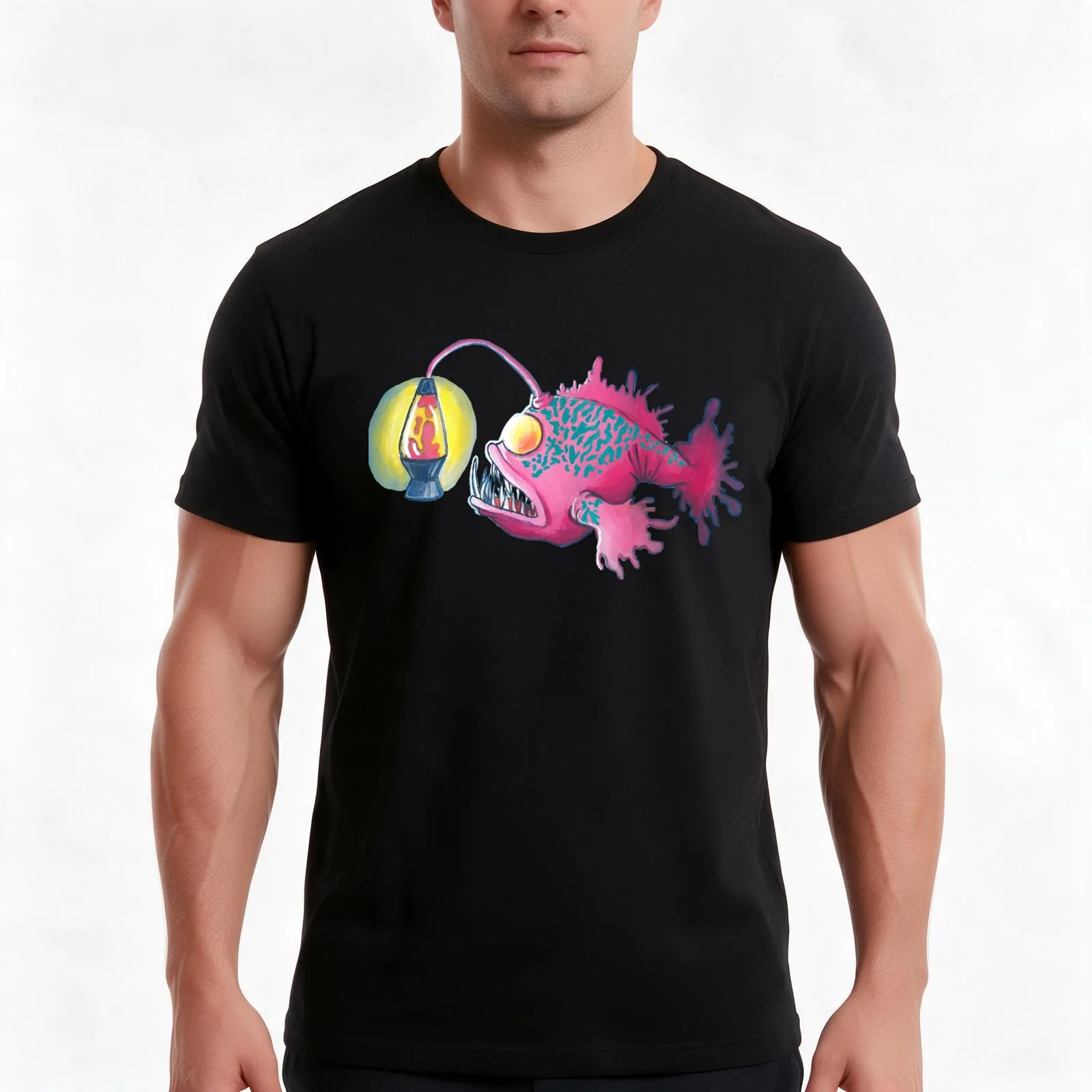 Lava Lamp Anglerfish T-Shirt, Summer Casual Cotton Tee, Oversized Streetwear Tops, Vintage Graphic Print, Loose Fit Short Sleeve