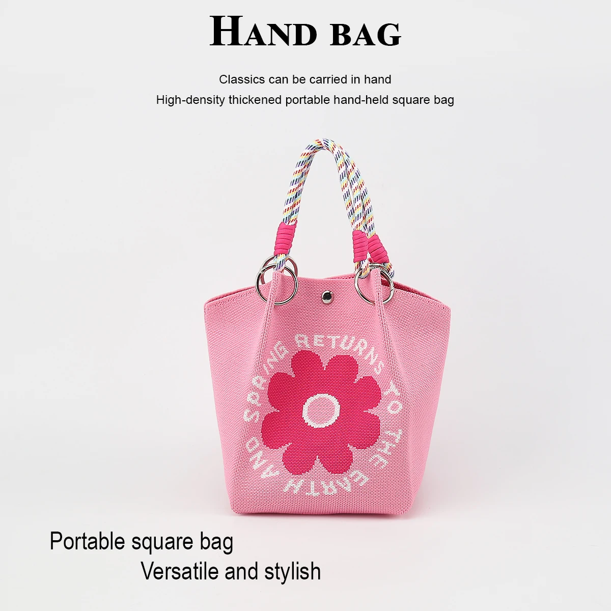 Women's casual handbag, featuring cute cartoon patterns, detachable circular buckle handle, mixed-color rope strap, easy and quick to close, suitable for commuting, shopping, traveling, and outings, can hold a cell pho